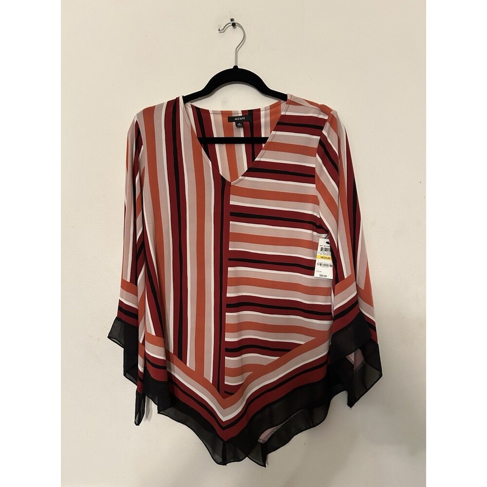 Alfani Womens Poncho Top Striped Warm Colors Flowy Sleeves NWT Size Medium.